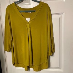 LUSH Womens L Leaf-green Roll Tab Sleeve Popover Blouse Top Rayon Blend NWT